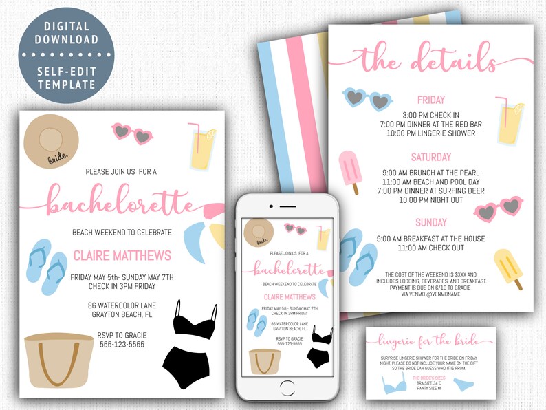 Beach Bachelorette Invite & Itinerary Templates, Mobile Girls Weekend