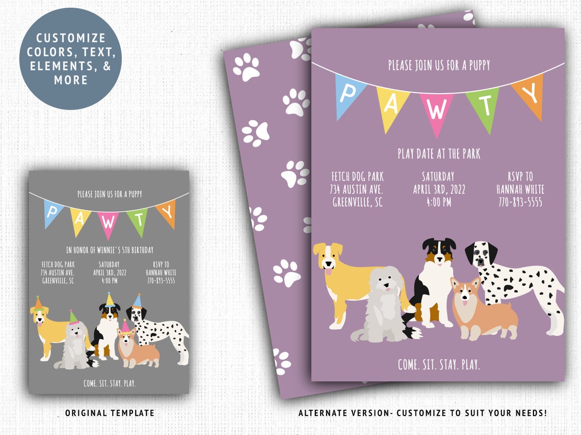 Dog Birthday Party Invitation Template, Puppy Pawty Evite, Dog Play ...