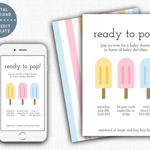 Popsicle Baby Shower Invitation Template, Ready to Pop Baby Sprinkle Evite, Pop on Over Birthday Digital Invite