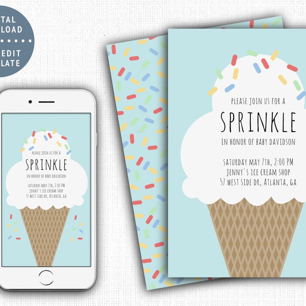 Ice Cream Sprinkle Invitation Template, Baby Shower Evite, Birthday Digital Invite