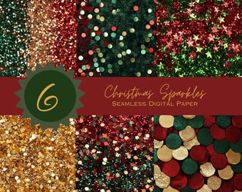 Christmas Glitter Seamless Digital Pattern Paper: Set of 6 for Stationery & DIY Projects, Decoupage, Clipart, Journals, Holiday Decor PNG