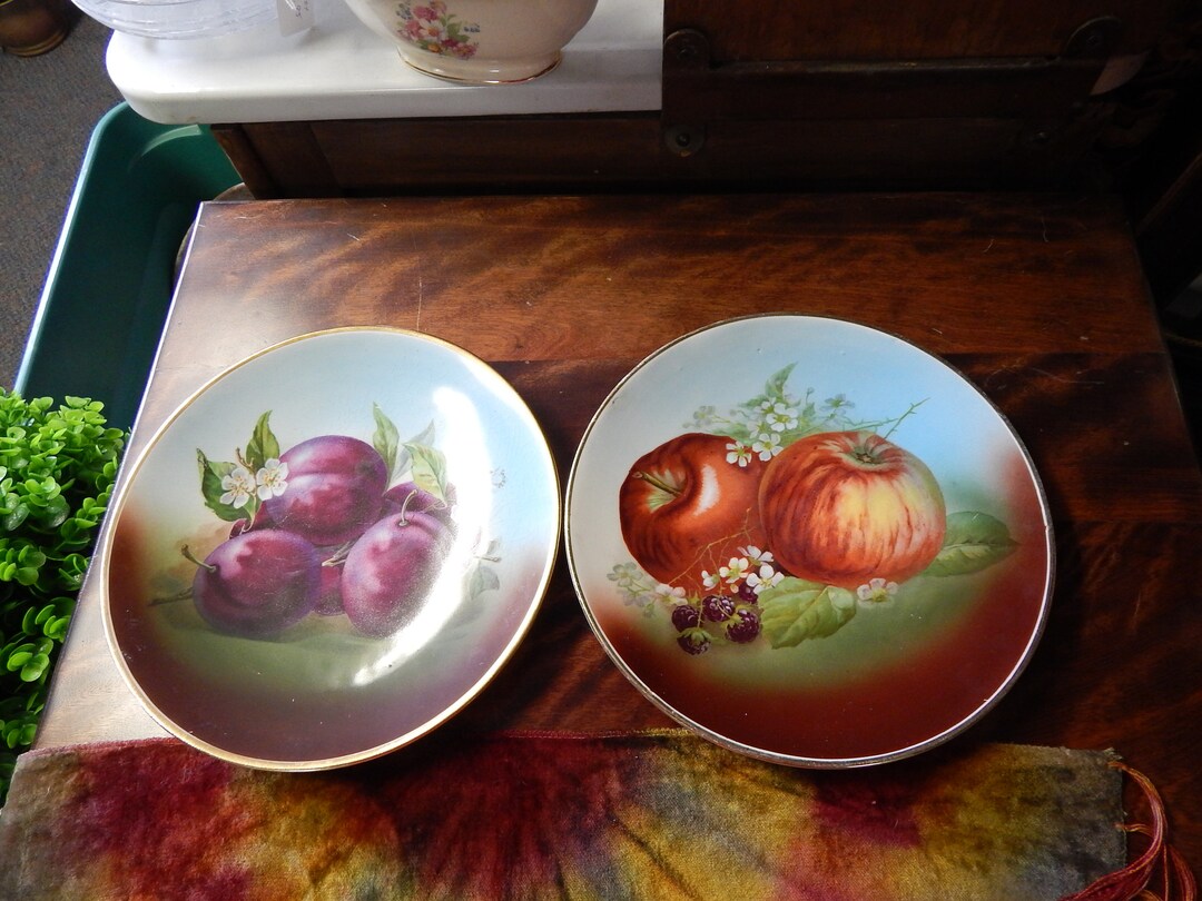 2 Vintage Hand Painted Fruit Plates With Gold Edging Etsy