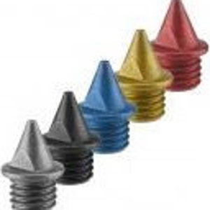 May include: A set of five metal cone-shaped objects in a row. The colors are silver, black, blue, gold, and red. Each object has a threaded base and a pointed top. These could be used as decorative elements or for a specific function.