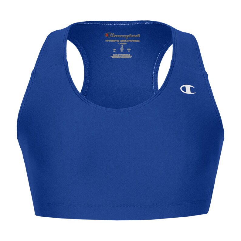 May include: Royal blue sports bra with a racerback design and a white Champion logo on the right side. The bra has a scoop neck and is made of a moisture-wicking fabric.