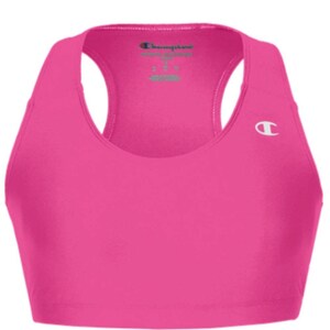 May include: Pink sports bra with a racerback design and a Champion logo on the front. The bra has a scoop neck and a wide band.