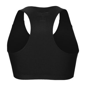 May include: Black racerback sports bra with a scoop neck.