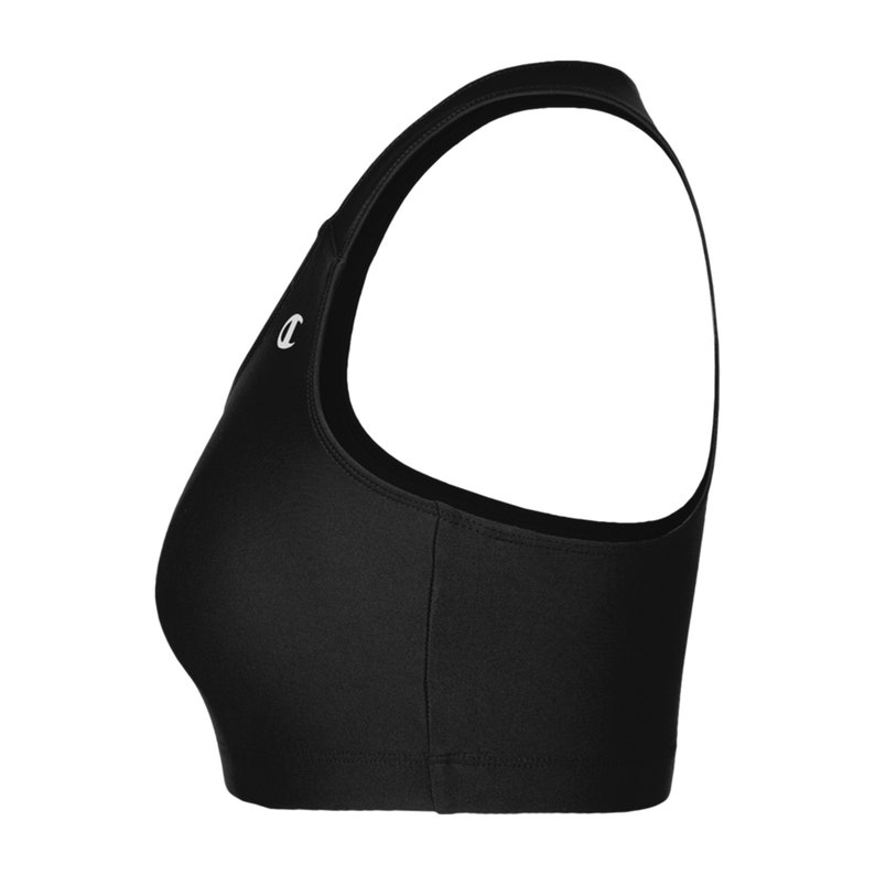 May include: Black sports bra with a racerback design and a small white logo on the front.