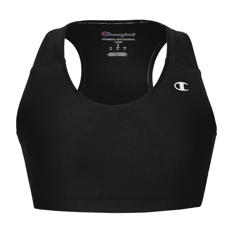 May include: Black sports bra with a racerback design and a Champion logo on the right strap. The tag reads "Champion Authentic Athleticwear".