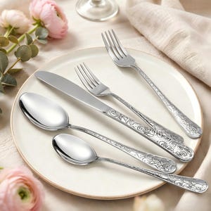 20-Piece Botanical Engraved Silverware Set, Stainless Steel Flatware for Four
