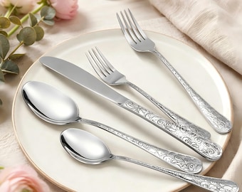 20-Piece Botanical Engraved Silverware Set, Stainless Steel Flatware for Four