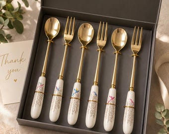 Ceramic Handle Dessert Spoon and Fork Set of 6, Stainless Steel, Hostess Housewarming Gift