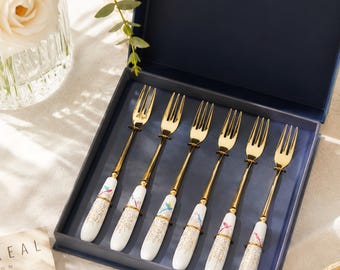 Ceramic Handle Dessert Forks Set of 6, Stainless Steel Cake Forks, Hostess Housewarming Gift