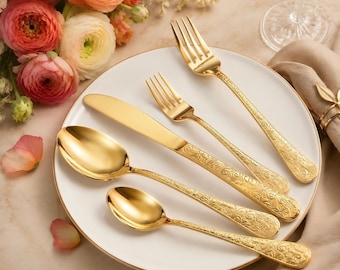 20-Piece Gold Flatware Set, Vintage Floral Stainless Steel Cutlery for 4