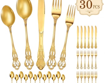 30-Piece Gold Stainless Steel Flatware Set, Mirror Finish Utensils, Wedding Party Tableware