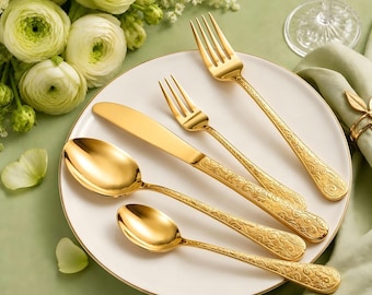 20-Piece Gold Flatware Set, Vintage Floral Stainless Steel Cutlery for 4