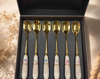 Ceramic Handle Dessert Spoons - Stainless Steel Set of 6,Birthday gifts, holiday gifts