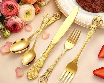 Vintage Gold Flatware Set, 30-Piece Cutlery for 6, Cottagecore Table Decor