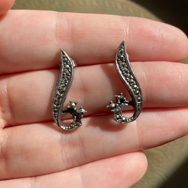 Vintage 925 Sterling Silver Signed and Marcasite Art Deco Earrings