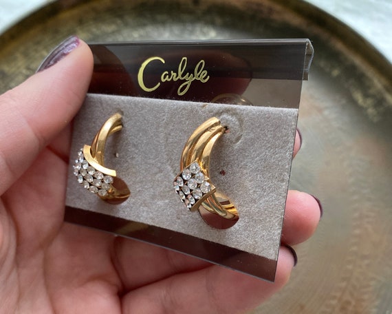 Vintage Carlyle Gold Tone Rhinestone Hoop Earrings - image 2