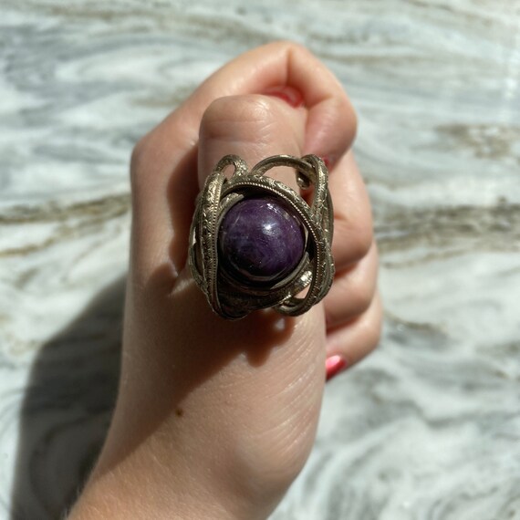 Vintage Amethyst Cabochan Heavily Detailed Silver… - image 2