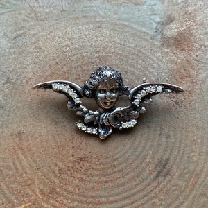 Vintage Angel Rhinestone Silver Brooch Pin, Religious Pin