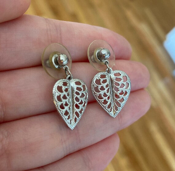 Vintage Silver Leaf Earrings Art Deco Style - image 2