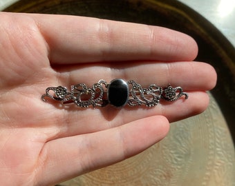 Vintage 925 Sterling Silver Marcasite and Onyx Floral Brooch Pin