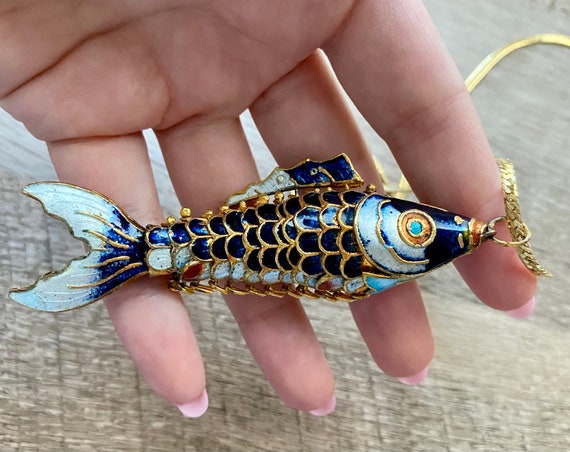 RARE Antique Enamel Articulated Fish Pendant and … - image 2