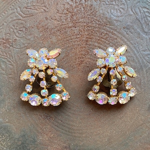 Vintage Iridescent Rhinestone Costume Clip on Earrings, Costume Jewelry