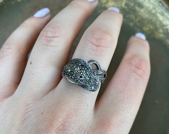 Vintage Sterling Silver and Marcasite Cobra Snake Serpent Ring