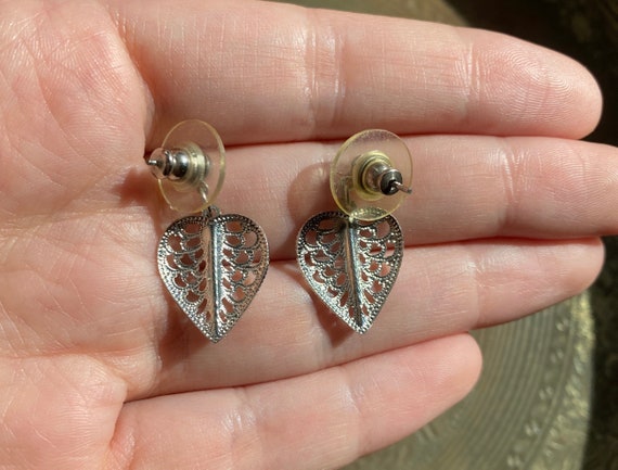 Vintage Silver Leaf Earrings Art Deco Style - image 3