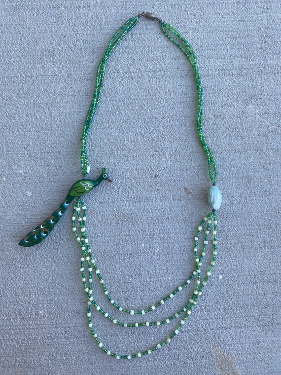 Vintage Beaded Hand Painted Peacock Necklace