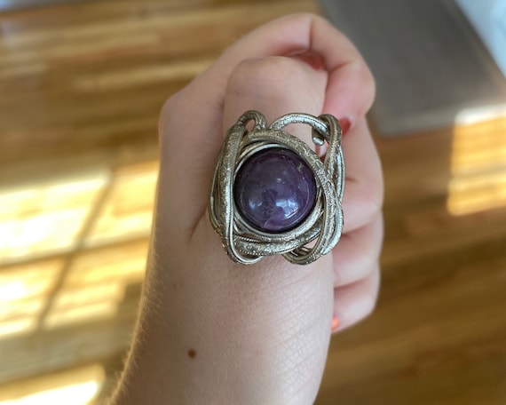 Vintage Amethyst Cabochan Heavily Detailed Silver… - image 1