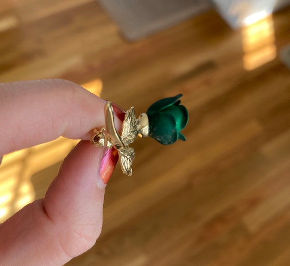 Vintage Gold Green Flower with Pearl Brooch Pin - image 5