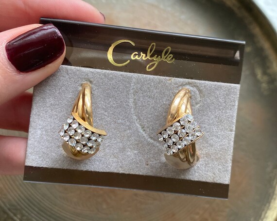 Vintage Carlyle Gold Tone Rhinestone Hoop Earrings - image 5