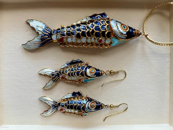 RARE Antique Enamel Articulated Fish Pendant and … - image 1