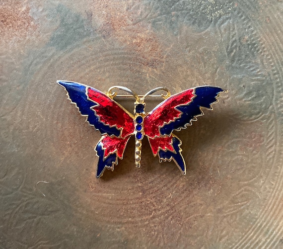 Broche Papillon Vintage - Émail Cloisonné Blanc Et Rouge - Or - Occasion Impeccable