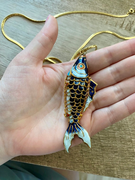 RARE Antique Enamel Articulated Fish Pendant and … - image 5