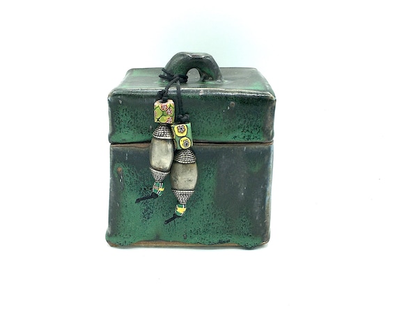 Rustic handmade stoneware box with ethnic beads