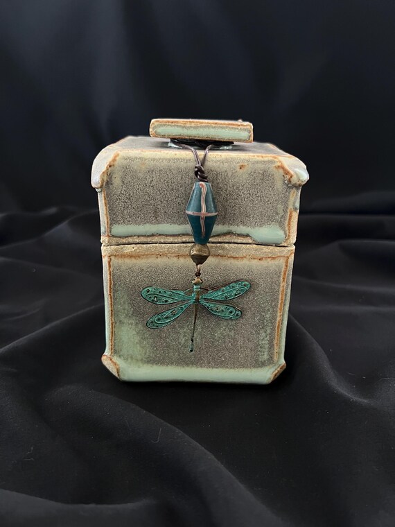 Spirit box, a rustic handmade stoneware box with ethnic beads