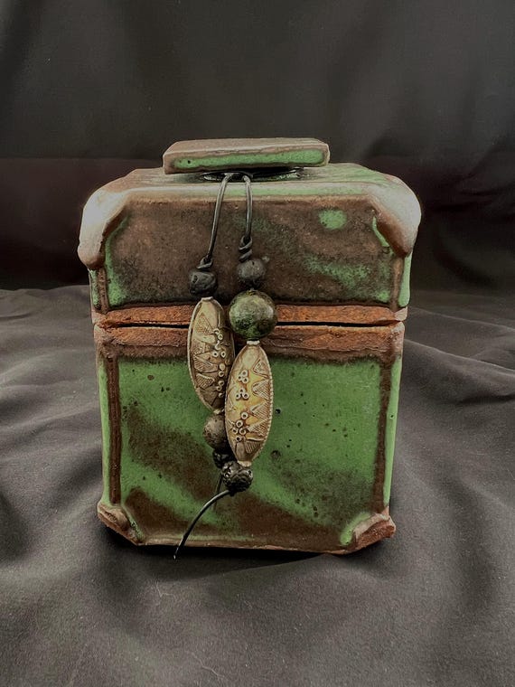 Spirit box, a rustic handmade pottery stoneware box with ethnic beads