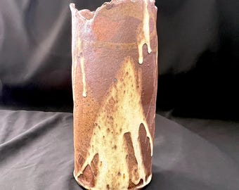 Large rustic handmade pottery stoneware vase with torn edge and drip details