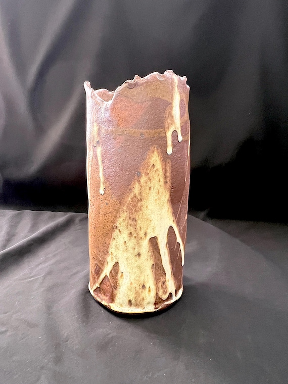 Large rustic handmade pottery stoneware vase with torn edge and drip details