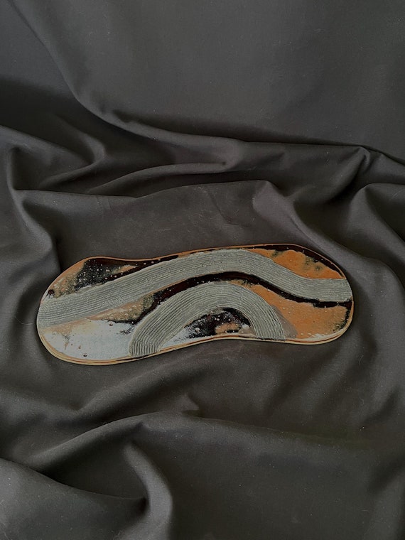 Rustic handmade free form stoneware platter charcuterie or cheese board with carved detail