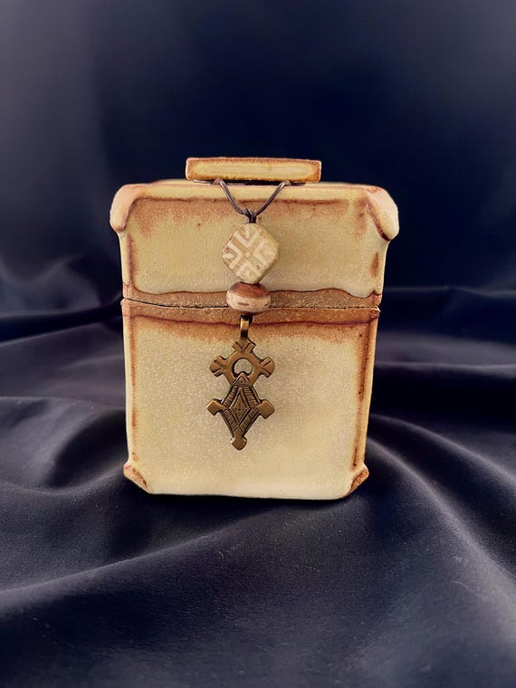 Spirit box, a rustic handmade stoneware box with ethnic beads