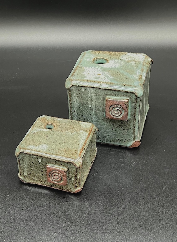 Set of two handmade cube stoneware vases
