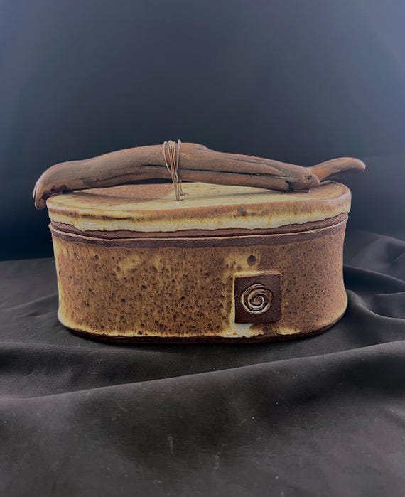 Handmade oval rustic pottery stoneware box with driftwood handle