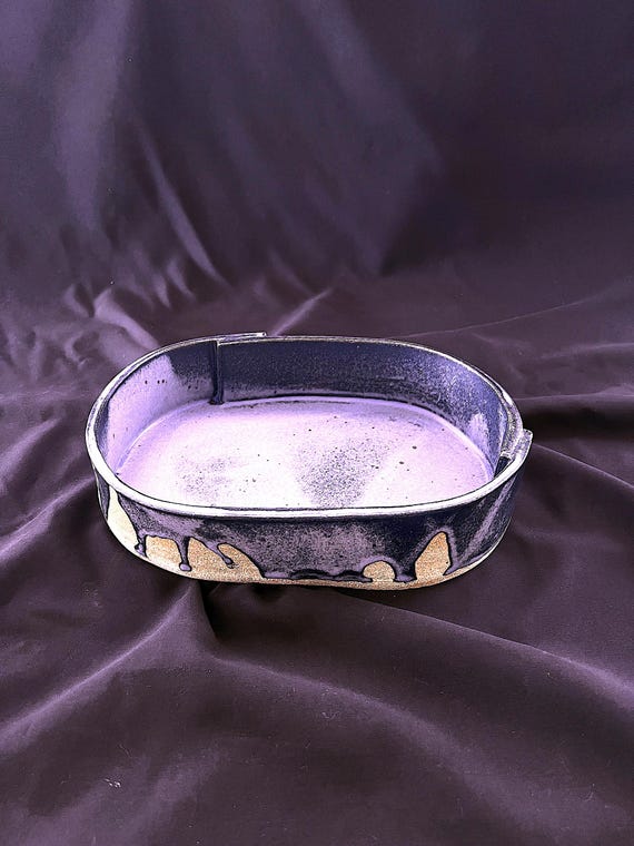 Handmade rustic oval low stoneware bowl or ikebana container