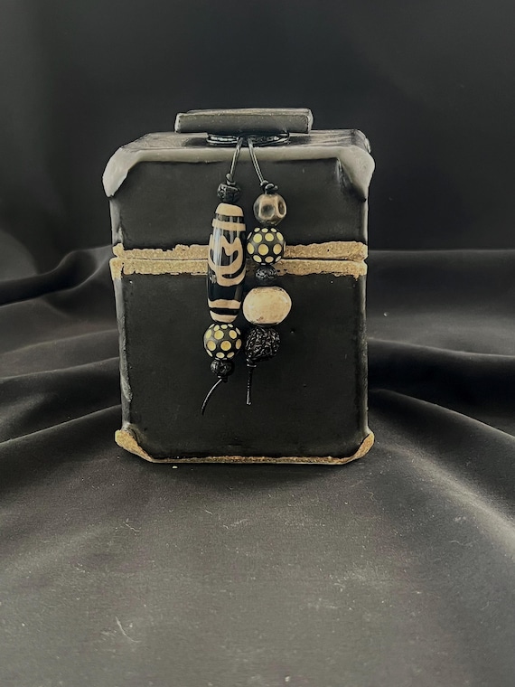 Spirit box, a rustic handmade stoneware box with ethnic beads