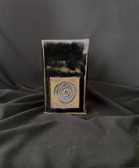 Rustic handmade square stoneware vase with large spiral medallion